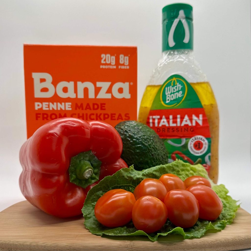 Banza pasta, Italian dressing, red pepper, avocado, cherry tomatoes